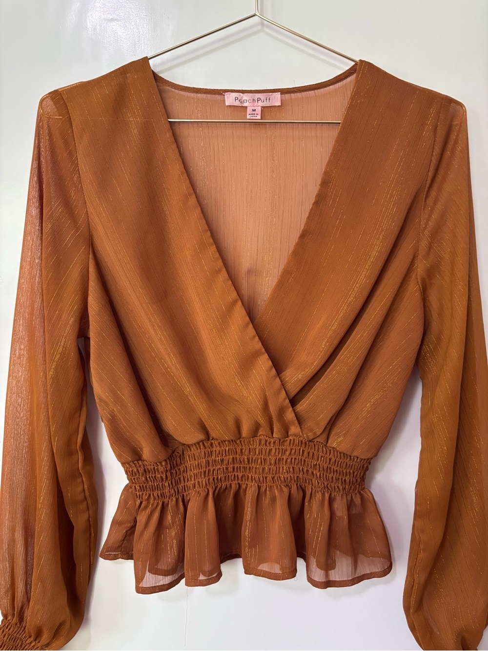 Peach Puff| Cognac Smocked Peplum Faux-Wrap Long Sleeve Lightweight Blouse Sz M - Picture 5 of 6